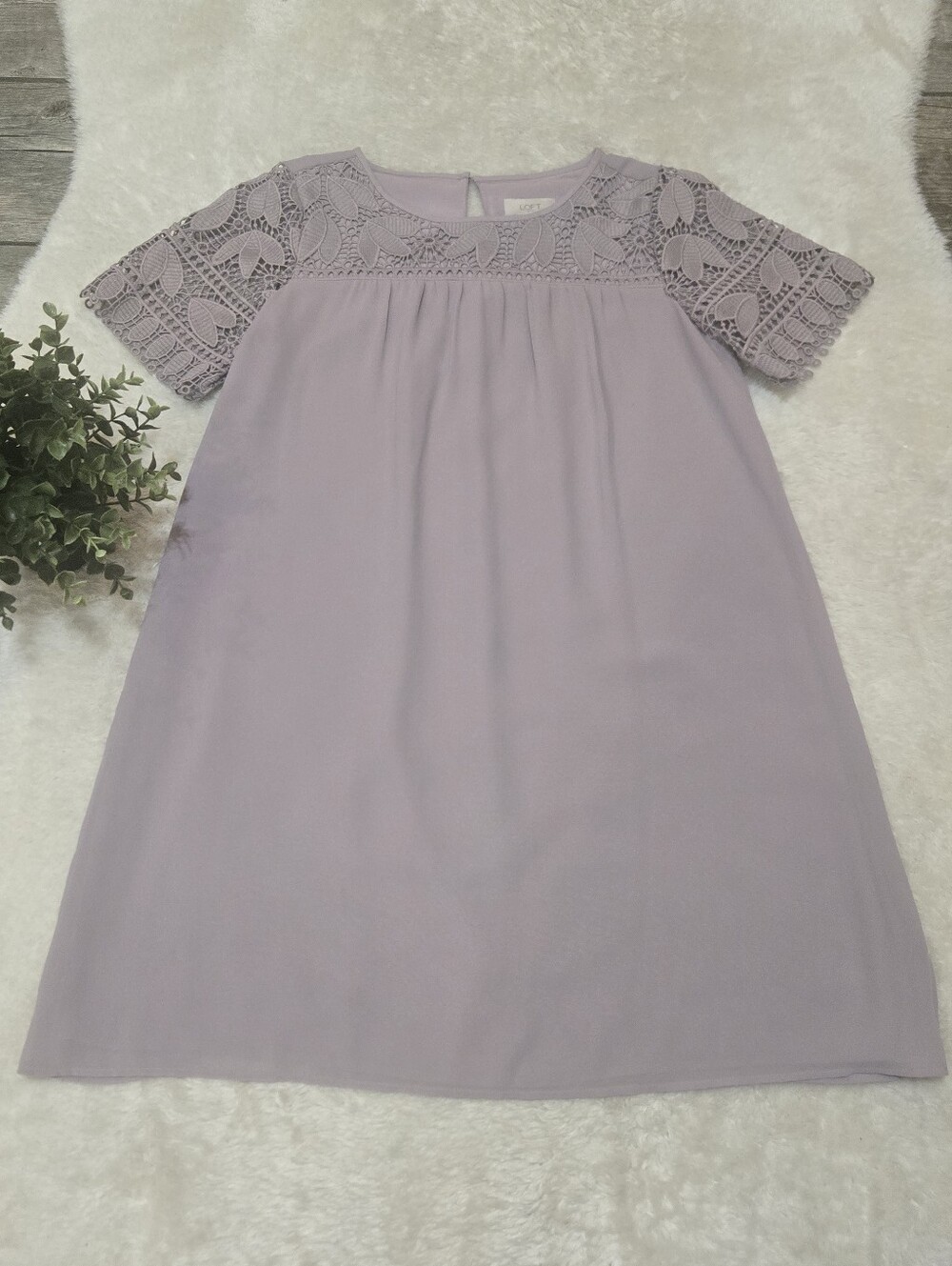 LOFT Lavender Purple Crochet Lace Yoke Short-Sleeve Babydoll Shift Dress, XS